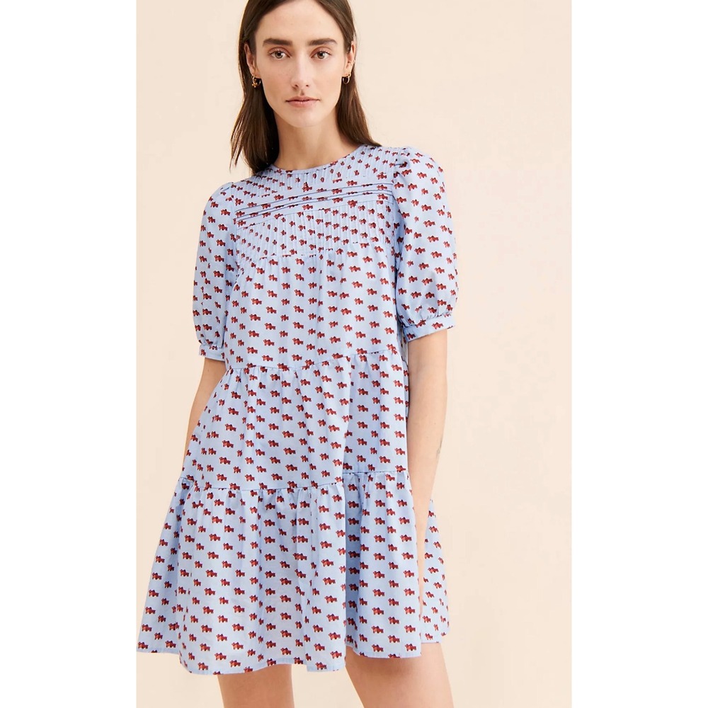 Find Me Now Blue Red Dachshund Dog Print Cotton Tiered Mini Dress L Free People